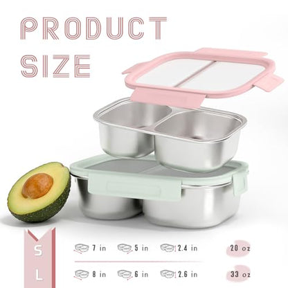 2 Pack 316 Stainless Steel Bento Box, 2-Compartment Microwave-Safe Metal Lunch Box, Leakproof Lunch Container for Work, On the Go (20oz/600ml Pink & Blue) - color: 20oz Pink & 20oz Blue
