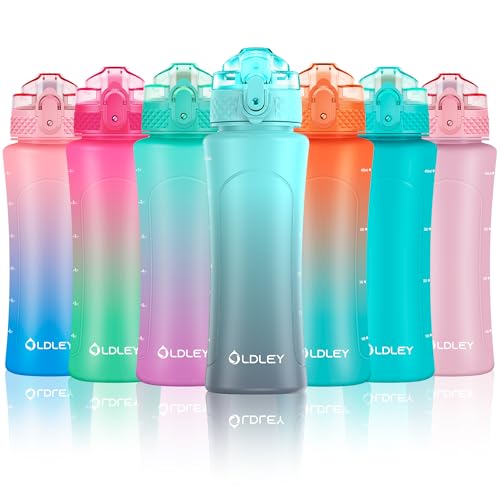 OLDLEY Kids Water Bottle with Straw 15 oz BPA-Free Leak-Proof Motivational Water Bottles with Time Marker for School Sports Travel Gym, Easy to Use for Girls Goys, 1 Straw Lid, Blue Grey - color: Blue Grey, style: Straw Lid