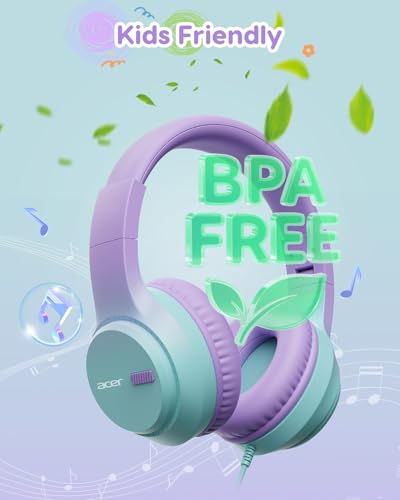 Acer Kids Headphones, 74/85/94dB Volume Limiter, Foldable Wired Over Ear Headphones for Travel, 3.5mm Jack, Toddler Headphones for School, iPad, Chromebook, Tablet, Purple Green - color: Purple Green