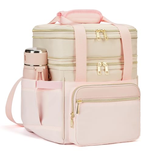 holuxer Insulated Lunch Bag & Lunch Box for Women - Double Deck Reusable Lunch Bag for men Tote Cooler Bag Leakproof Soft Expandable - Large Lunchbox for Work/Adult/Picnic/Outdoor (Pink，15L) - color: Pink with Beige, size: 15L