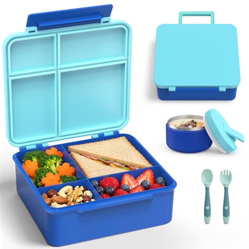 LOHASOK Bento Lunch Box Kids with 8oz Soup Thermo, Leak-Proof Lunch Containers with 4 Compartment, Thermo Hot Food Jar and Insulated Lunch Box for School Blue - color: Blue