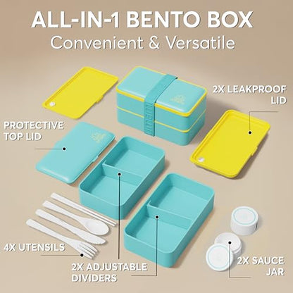 Umami Bento Box Adult All-in-1 w/ 4 Utensils, 100% Leakproof, Dishwasher & Microwave Safe Lunch Containers for Adults w/ 4 Compartments, Fresh Turquoise, 40 oz - color: Fresh Turquoise, size: M - 40 oz