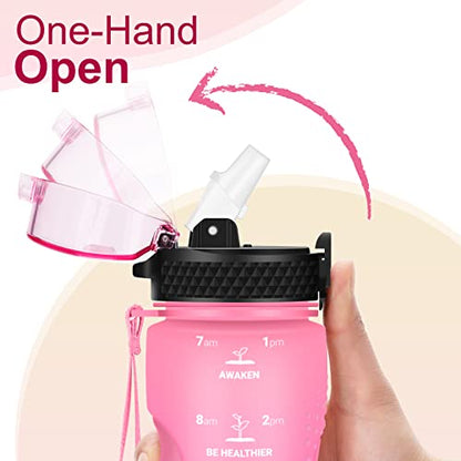 24 OZ Motivational Kids Water Bottle With Time Marker,Straw Lid,Leak Proof, Tritan BPA Free Sports Water Bottle Pink Purple(1 Lid) - color: Pink Purple