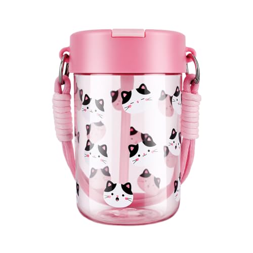 TOPBADE 16oz Kids Water Bottle with Straw Lid, boys water bottle with Paracord Handle for School, Kids Water Bottles with Dust-proof Cover, Leakproof Water Bottles - color: Milky Meow