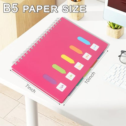 5 Subject Notebook College Ruled Spiral Notebook 7x10 Inch Hardcover Notebook with Divider Tabs 240 Pages Small Notebook for Work B5 Spiral Notebook College Ruled Notebook for Note Taking School,Red - color: Pink