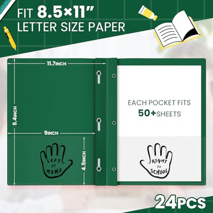 Henoyso 24 Pcs Plastic Folders with Clear Front Pockets and Prongs School to Home File Organizer Plastic Folder for Back to School Parent Teacher Communication Homework Office (Dark Green) - color: Dark Green