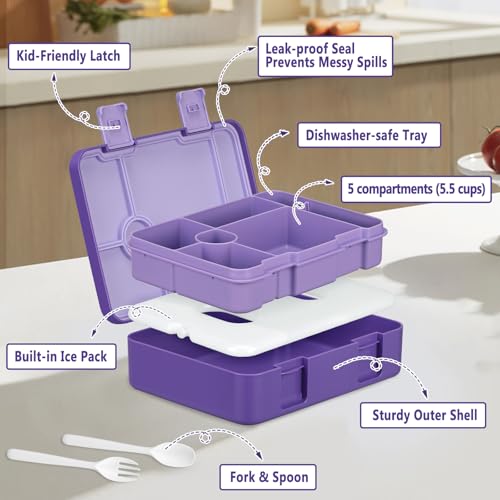 Chill Lunch Box Kids, Leak Proof Adult Bento Box with Ice Pack, 6 Compartment Lunch Container with Utensils for Girl Boy Back to School, 5.5-Cup Capacity, Dishwasher Safe, BPA Free - color: Purple-Horse