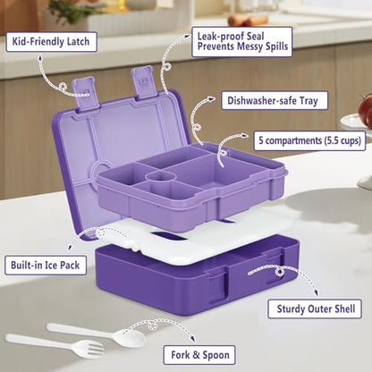 Chill Lunch Box Kids, Leak Proof Adult Bento Box with Ice Pack, 6 Compartment Lunch Container with Utensils for Girl Boy Back to School, 5.5-Cup Capacity, Dishwasher Safe, BPA Free - color: Purple-Horse