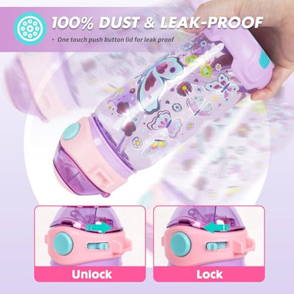 Kids Water Bottle with Straw/Lanyard for School Kids Girls Boys, 22oz BPA Free Child Drinking Water Bottle One-Click-Open Leak-Proof Locking Flip Lid for School Sport Travel - color: H02. Butterfly