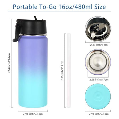 Volhoply Kids Insulated Water Bottle with Straw,16oz Stainless Steel Cold Water Bottles for School,BPA-Free Metal Wide Mouth Cups with Handle,Reusable Double Wall Vacuum Sport Flask(Purple Blue,1) - color: Purple Blue