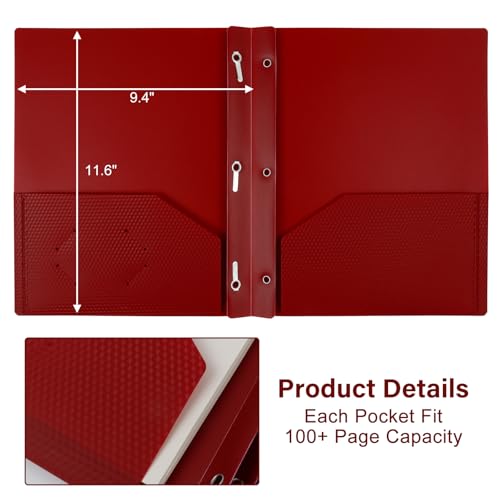12-Pack Plastic Folders with Pockets and Prongs, 2-Pocket Folders with 3 Fasteners, Holds 8-1/2" x 11" Paper for School/Office/Home - color: Red, size: 12-Pack