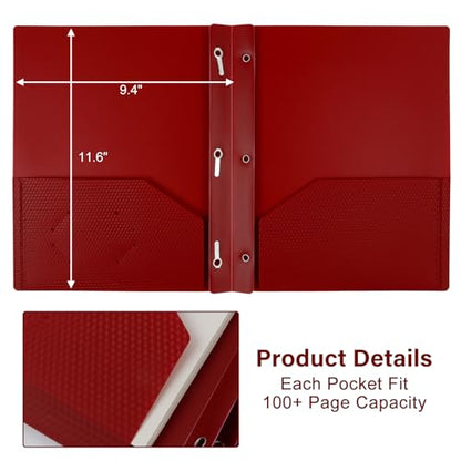 12-Pack Plastic Folders with Pockets and Prongs, 2-Pocket Folders with 3 Fasteners, Holds 8-1/2" x 11" Paper for School/Office/Home - color: Red, size: 12-Pack