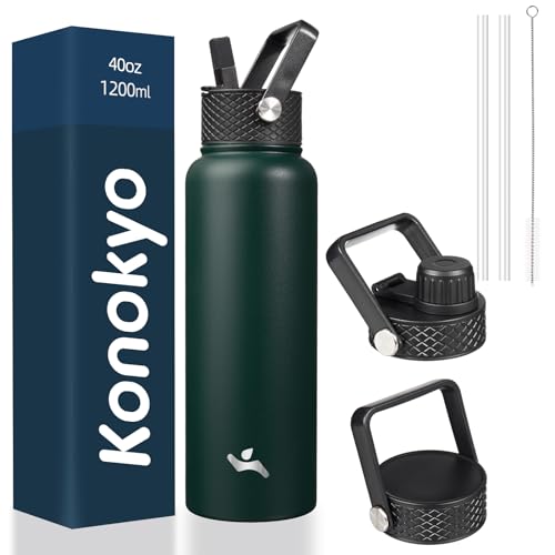 Konokyo 40 oz Insulated Stainless Steel Water Bottle with Straw Lid - color: Army Green, size: 40 Ounces
