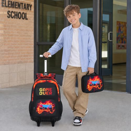 Scothen 3PCS Rolling Backpack for Boys, Cool Gamer Roller Backpack with Wheels, Kids Boy Wheeled Backpacks with Lunch Bag Pencil Case for Teens Bookbag Kindergarten Elementary Middle School - color: Red Flame