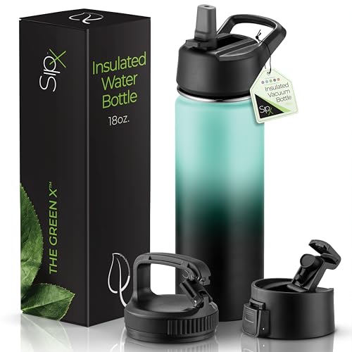 SipX™ 18 oz Insulated Water Bottle with 3 Lids – Leakproof Stainless Steel, Triple Insulated – Cold 24 Hours/Hot 12 Hours – Durable Bottle for School, Gym, Travel – Gradient Mint Black - color: Gradiant Mint Black, size: 18 Ounces