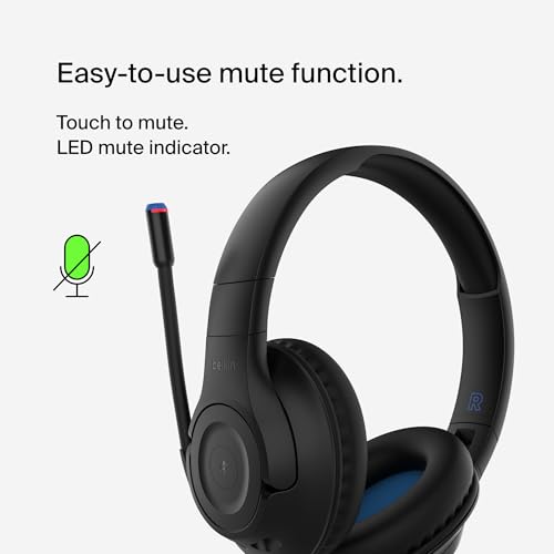 Belkin SoundForm Inspire Wireless Over-Ear Headset for Kids, Online Learning & Travel w/Built-in Microphone, 85dB Safe Volume Limit, 35H Battery - Compatible w/iPhone, iPad, Galaxy & More - Black - color: Black, style: Wireless