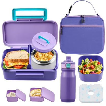 PIQUEBAR Kids Lunch Box with 8oz Thermo, Leakproof Bento Box with Insulated Bag, Kids Insulated Water Bottle, Food Lunch Container for Back to School Girls Boys, Purple - color: Purple