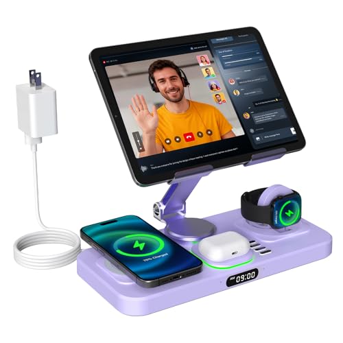 6 in 1 Wireless Charger for Apple Multiple Devices, Charging Station with Clock &7 Color Ambient Light, Foldable Rotate Stand for iPad, for iPhone17/16/15, Support for Apple Watch11/10 for AirPods4 - color: Violet
