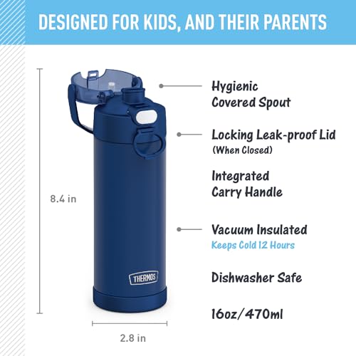 THERMOS FUNTAINER Water Bottle with Spout, 16oz, Navy | Kids Stainless Steel Insulated Water Bottle, Keeps Drinks Cold Longer for School & Play, BPA-Free - color: Navy, size: 16 Ounces