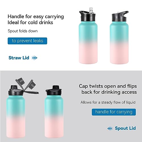 VEGOND 32 oz Insulated Water Bottle Stainless Steel Metal Water Bottles with Leak Proof Straw Lid & Spout Lid, Wide Mouth Double Walled Vacuum Travel Sports Bottle, Green Pink - color: Bubble Gum, size: 32 Ounces