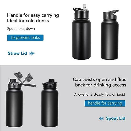 VEGOND 32 oz Insulated Water Bottle Bulk Stainless Steel Metal Water Bottles with Leak Proof Straw Lid & Spout Lid, Wide Mouth Double Walled Vacuum Travel Sports Bottle, 8 Pack - color: Black, size: 32oz-8 Pack