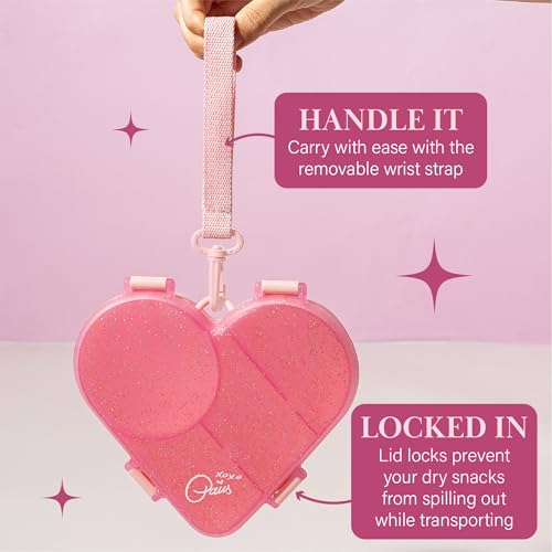 Paris Hilton Bento-Style Heart-Shaped Snack Box Set, Customizable 4-Compartment Containers with Removable Dividers, Built-In Phone Stand & Removeable Wrist Strap, 2-Pack, Pink