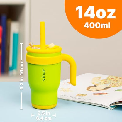 VINUR Kids Tumbler with Handle-14 oz Stainless Steel Double Wall Vacuum Insulated Tumbler with Lid and Straw, Travel Water Cup for Girls (Apple Green) - color: Apple Green, size: 14 Ounces