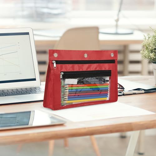 YoeeJob 2 Pack 1 Inch Expandable Zipper Pencil Pouches with Clear Window for 3 Ring Binder, Suitable for School & Office（Red） - color: Red
