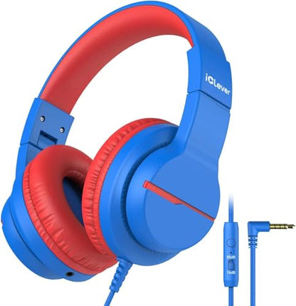 iClever Kids Headphones for School Travel, Safe Volume Limited, HD Mic Stereo Sound Over-Ear Girls Boys Headphones for Kid, FunShare Foldable 3.5mm Wired for iPad Computer, HS19 - color: Blue