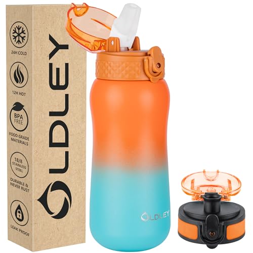 Oldley Insulated Water Bottle 12oz Kids Water Bottles with Straw, Stainless Steel Water Bottle with 2 Lids,Double Wall Vacuum Bottle, Leak-Proof Sport Bottles for School Travel, Ombre Orange-green - color: Ombre Orange-green, size: 12 Ounces