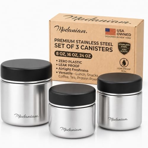 Modaniam Travel Stainless Steel Canister Set with Airtight Lid - Set of 3-8OZ, 16 OZ, 24oz, Coffe, Tea, lunch, Snacks, Metal Containers, Leak Proof Travel Lunch Containers,Kitchen Food Jars - color: Black: Set of 3 Canisters 8OZ+16 OZ+ 24 OZ
