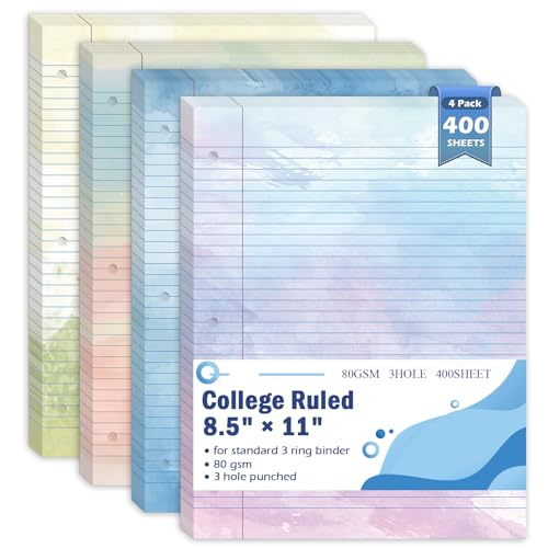 400 Sheets Letter Size Colored Loose Leaf Paper College Ruled For 3-Ring Binder 8.5" × 11" Colored Lined Filler Notebook Paper College Ruled Notepad 3-Hole Punched Watercolor 80gsm For School Office - color: Watercolor color, size: 8.5×11 inch