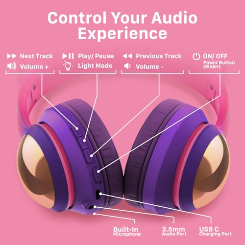 FosPower Kids Bluetooth 5.2 Headphones with LED Cat Ears (85/94dB Safe Volume Limit) Foldable Wireless or Wired Headset with 100hr Play Time and 3.5mm Cable for School/Travel - Hot Pink/Purple - color: 04 - Hot Pink/Purple (Bluetooth)