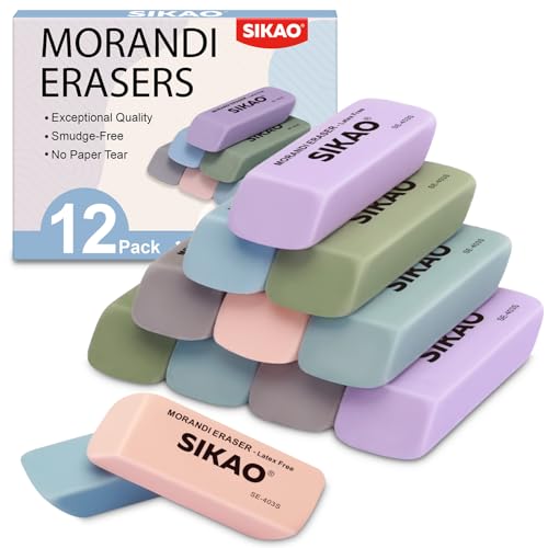 Morandi Erasers, 12 Pack Pencil Erasers | Aesthetic Pastel Beveled Rubber Erasers, Latex-Free & Smudge-Free for School Supplies, Classroom & Daily Writing - style: Morandi