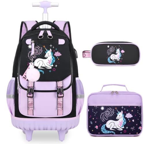 Bevalsa Rolling Backpack for Girls, 3PCS Roller School Backpack Set | with Lunch Box & Pencil Case, Kids Bookbag with Wheels for Teen Girls Elementary Middle High School Students - color: Purple Unicorn