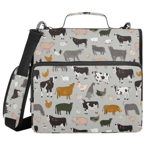 3 Ring Zipper Binder Farm Animals Set 500 Sheets Capacity Binder Organizer Bag with Shoulder Strap and Handle for School Office College Students - color: Farm Animals