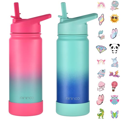 Mininoo Girls Water Bottle for School, 16oz Stainless Steel Insulated Metal Water Bottle with Straw Lid for Boys (Purple/Sky) - color: 2 Pack-Punch/Blue, size: 16 Ounces