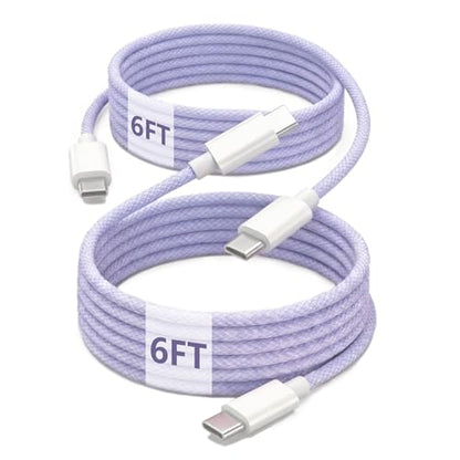 USB C to C Charger Cable, 60W, 6FT, 2-Pack, Purple | Fast Charging, Braided Nylon, for iPhone 17/16/15, MacBook iPad, Galaxy S25/S24 - color: Purple, size: 6FT+6FT