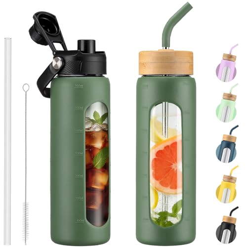 Kodrine 24 oz Glass Water Bottle with Straw & Spout Lids, Motivational Time Marker, Borosilicate Glass Bottle with Silicone Sleeve, Leakproof, Wide Mouth, BPA-Free for Gym, Fitness & Travel-Olive - color: Olive, size: 24 Ounces