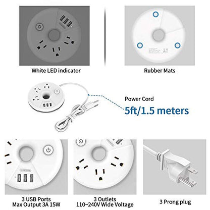 NTONPOWER Compact Power Strip with USB Bundle, 3 Outlets 3 USB Portable Desktop Charging Station with 5ft Extension Cord for Office, Home, Hotels, Cruise Ship, Nightstand