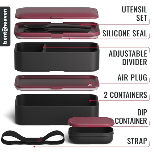 Bentoheaven Bento Box Adult, Stackable Lunch Box, 40 oz, Very Berry | BPA-free, leakproof and microwave-safe with 2 compartments, utensils, chopsticks, divider and sauce cup for men and women. - color: Very Berry