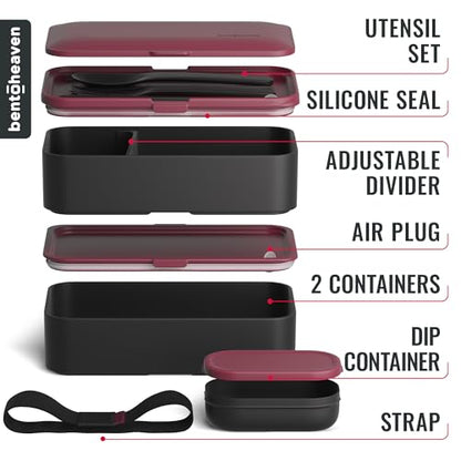 Bentoheaven Bento Box Adult, Stackable Lunch Box, 40 oz, Very Berry | BPA-free, leakproof and microwave-safe with 2 compartments, utensils, chopsticks, divider and sauce cup for men and women. - color: Very Berry