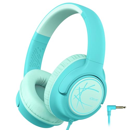 iClever Kids Headphones with Cord, 85dBA Safe Volume Wired Headphones for Kids, Stereo Sound Foldable Adjustable, 3.5mm Jack, Over Ear Child Headphone for School/Boys/Girls/iPad/Tablet/Travel, Green - color: Aqua