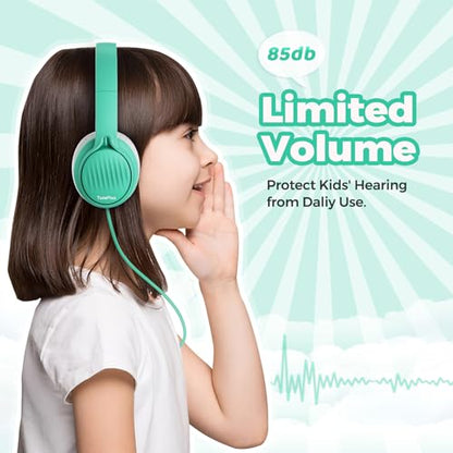 TuneFlux Upgraded Kids Headphones, Wired Toddler Headsets, 85dB Limited Volume On Ear Headphones, Portable Foldable Design, Stereo Sound Kids Headsets for School/Tablet/Travel-Green - color: Green
