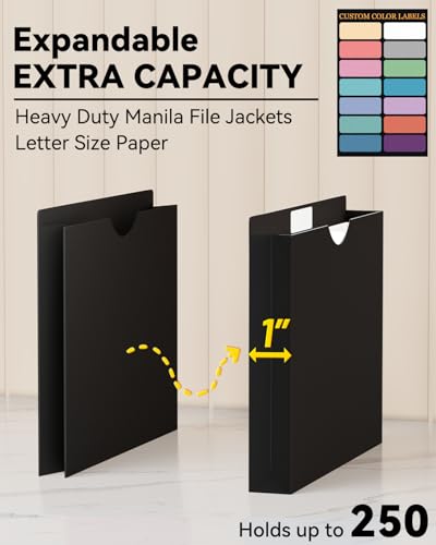 ANSOOK Letter Size File Jackets & File Pockets,Heavy Duty 1" Expansion Manila File Folder for File Cabniet,12 Pack Manila File Jackets with Straight Cut Tab,Job Folder File Jackets - color: Black, size: 1" Expansion