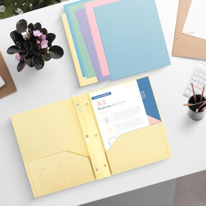 60-Pack Plastic andPockets and Prongs,2-Pocket and3 Fasteners, Pastel Folders Holds 8-1/2" x 11" Paper for School/Office/Home, Yellow - color: Light Yellow, size: 60-Pack
