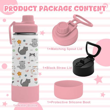 Cat Gifts for Girls Women, 18oz Cats Water Bottle with 2 Lids (Spout and Straw Lid), Kids Insulated Stainless Steel Cat Lovers Tumbler Cup, Birthday Gifts for Women Teen Girl - color: Cat-1