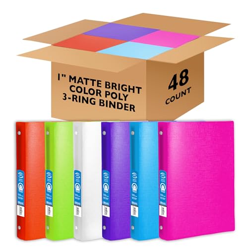 BAZIC Products 1" Bright Color Poly 3-Ring Binder, 1 Pocket, 48-Case | round rings, 1 in bright color poly 3-ring binder, 1 inside pocket, holds up to 175 sheets, Durable poly - color: Matte, size: 48-Pack