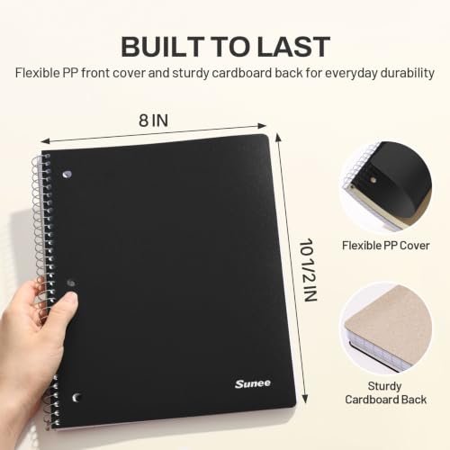 SUNEE Spiral Notebook, 1-Subject, College Ruled Paper, 8" x 10-1/2", 100 Sheets per Notebook, 3-Hole Punched Paper, Water Resistant Cover, Double-sided Pockets, Spiral Lined Notebooks for Work, Black - color: Black