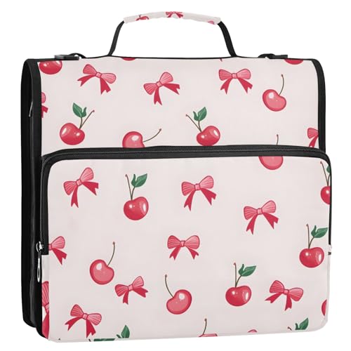 Cherry Bow Pattern 3 Ring Zipper Binder Bag Binder Organizer with Handle Shoulder Strap for School Work Office Supplies - color: Cherry Bow Pattern